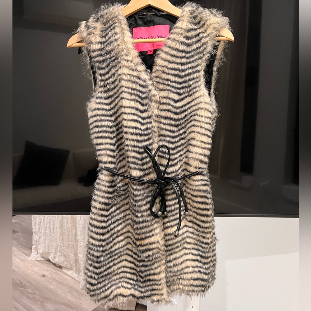 Betsey Johnson faux fur long vest with belt